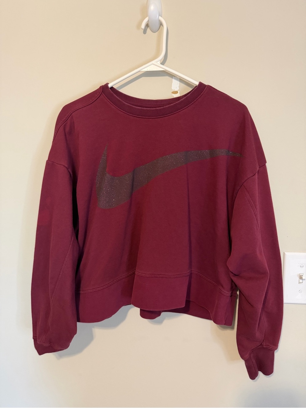 Nike Women's Burgundy Cropped Crew Sweatshirt with Glitter Swoosh - Picture 4 of 8